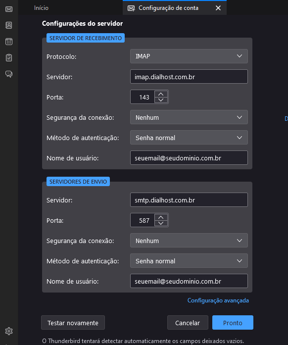 Configuração do ThunderBird