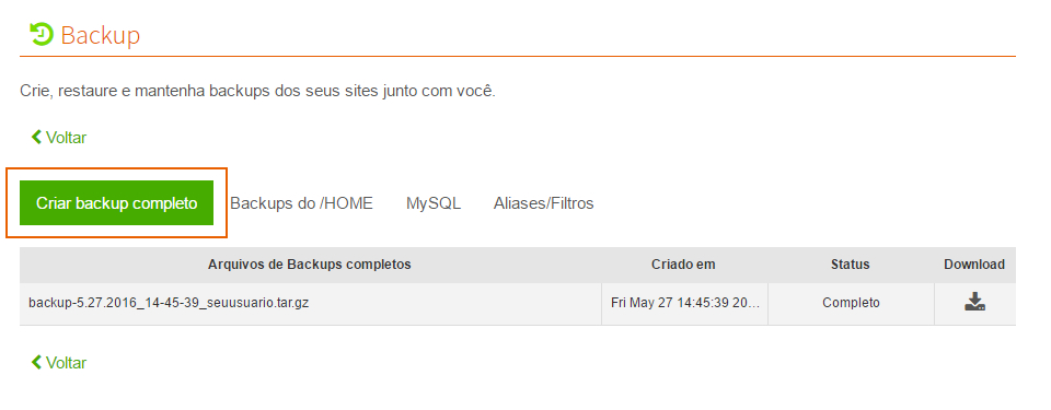 Como realizar um backup completo da minha conta