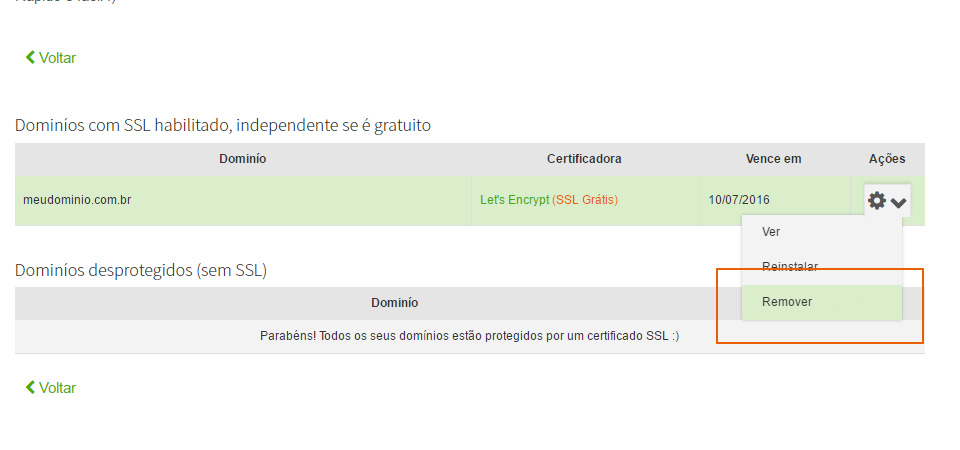 desativar o Certificado SSL