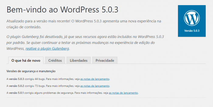 Tela de instalação do WordPress