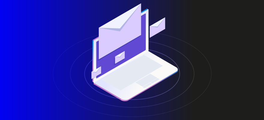 Na imagem, um computador em um fundo roxo e preto. Envelopes rodeiam a imagem, fazendo alusão ao e-mail marketing como estratégia para atrair mais tráfego para seu site. 