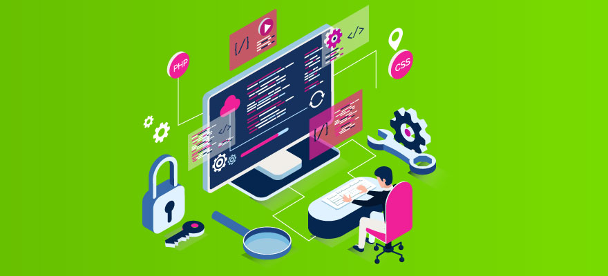 fundo verde, com uma tela grande de computador e um homem mexendo no teclado com diversos objetos à sua volta, engrenagens, lupa, cadeado e outros