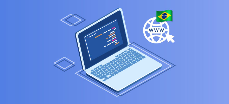 imagem de fundo azul com um notebook azul e branco, quadrados um globo e um cursor e bandeira do Brasil em cima