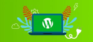 fundo verde com um notebook e a logo do wordpress com plugin, raios e galhos