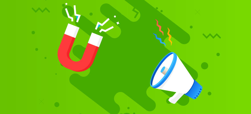 imã como inbound marketing e megafone como outbound marketing, ambos com raios próximos
