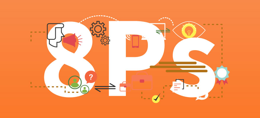 8ps do marketing com varios ícone em sua volta